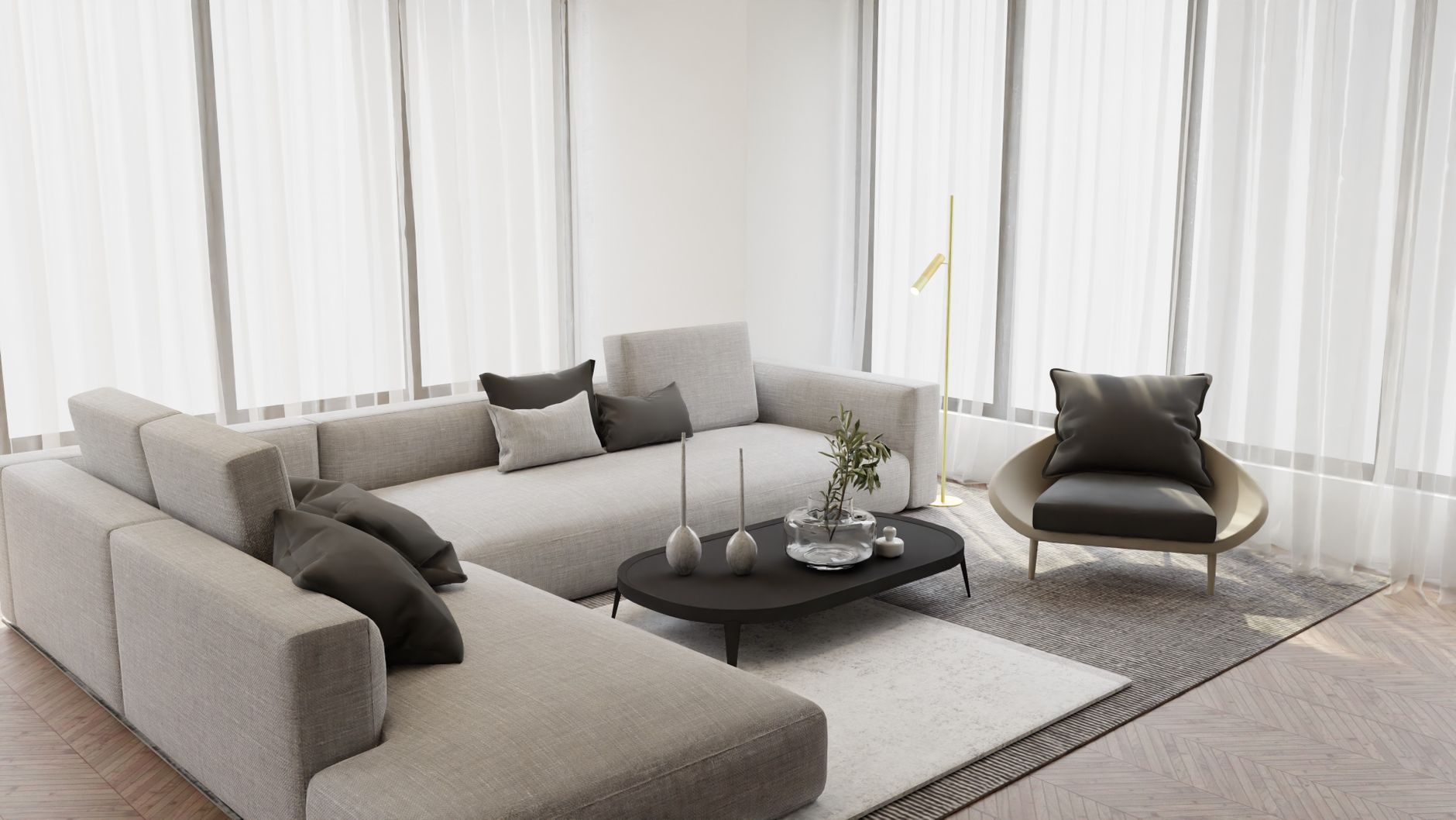 The Linen Apartment — living room in soft north light, grey sofa and pale plaster walls