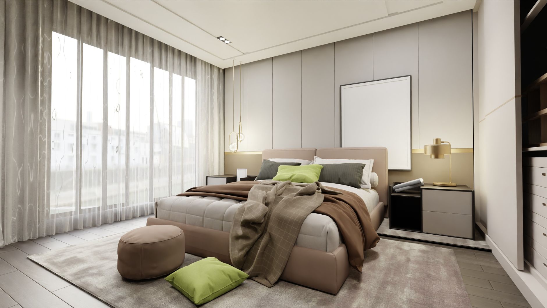 Courtyard Residence — minimalist bedroom in neutral tones with soft evening light
